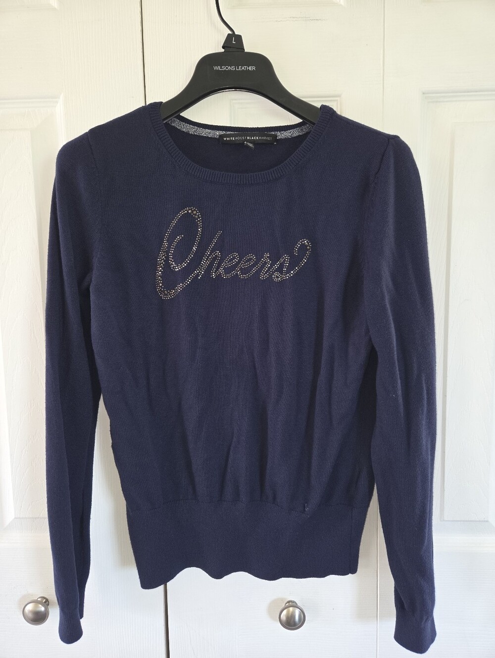 White House Black Market Navy 'Cheers' Embellished Crewneck Sweater Sz Med